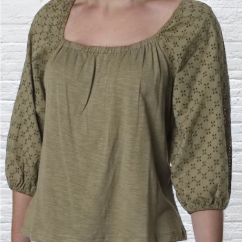 Sanctuary Zooey Square Neck Tee Eyelet Sleeve Willow Green Top Size S - NWT